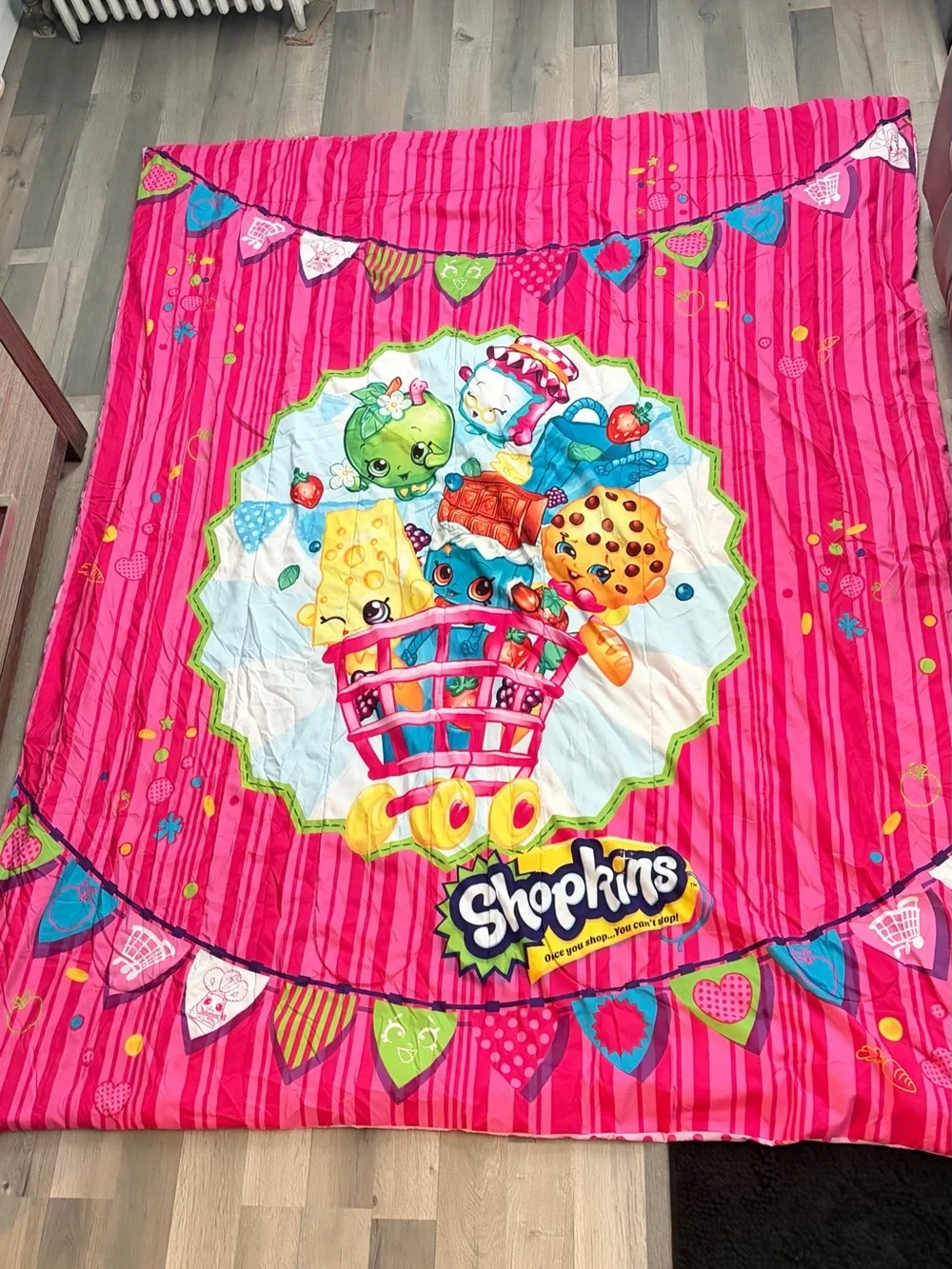 Shopkins Pink Stripe Kids Comforter with Colorful Character Medallion